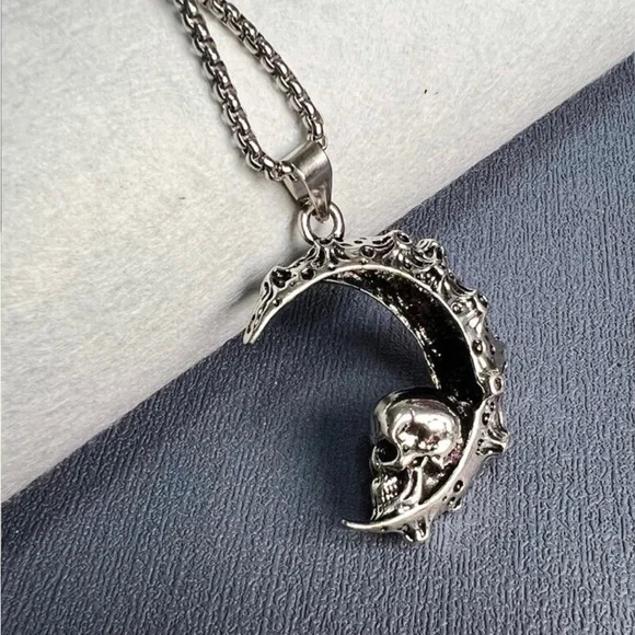 “Skull on the Moon” Regolith Lunar Crater Crescent Celestial Goth Steel Necklace - Picture 15 of 16
